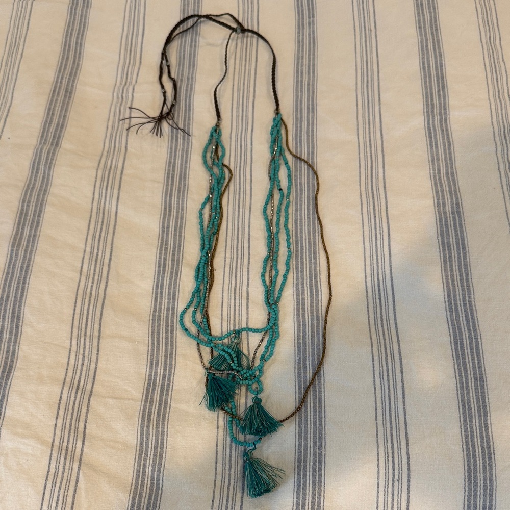 Anthropologie Teal Beaded Necklace with Tassels